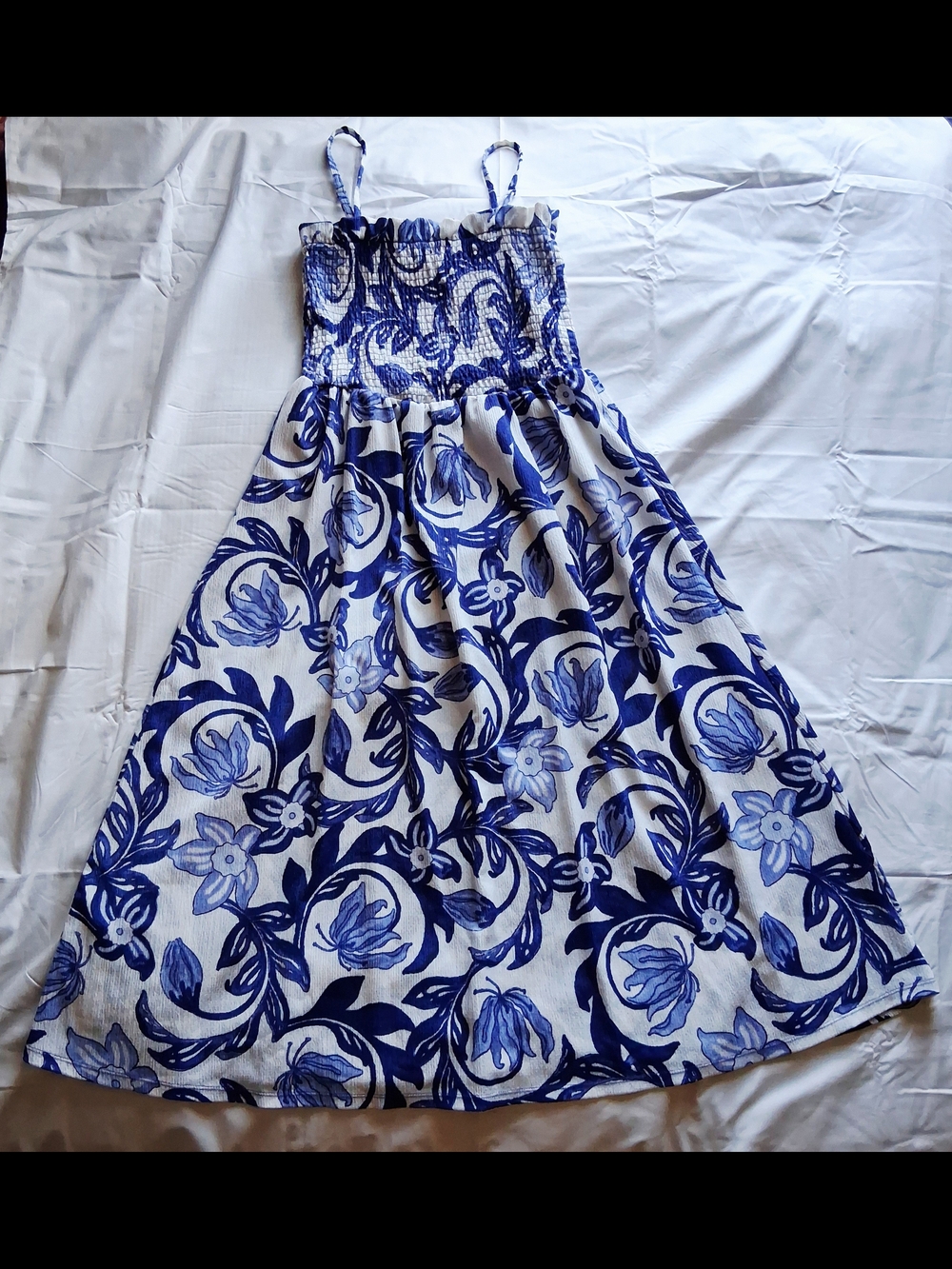 Blue & White Floral Smocked Sundress with Spaghetti Straps